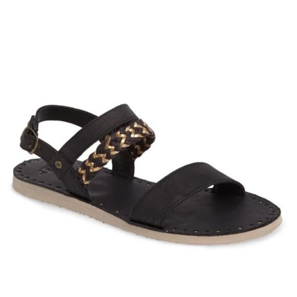 UGG Shoes - Ugg Black Leather Elin Sandals Buckle Flats Braided Gold Accents Women Sz 7M‎ US